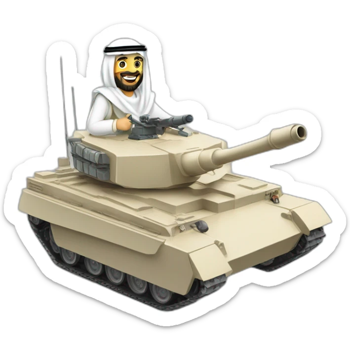 prince from Saudi Arabia with a beard in a white  shemagh national headdress riding  on a tank, smiling sticker