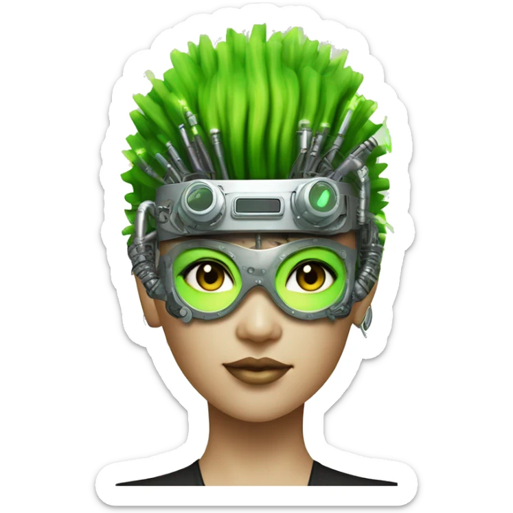 Neon green Mohawk hair Asian female cyborg head with silver steampunk goggles and circuits sticker