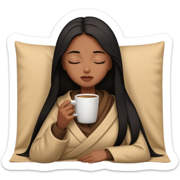 Chocolate brown girl with long straight jet black hair wrapped inside a tan blanket sipping coffee eyes closed sticker
