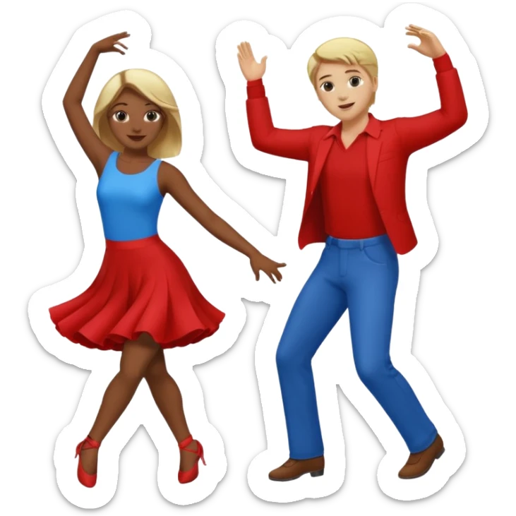 Two people dancing, one wearing red with blond hair and one wearing blue with brown hair and dark skin sticker