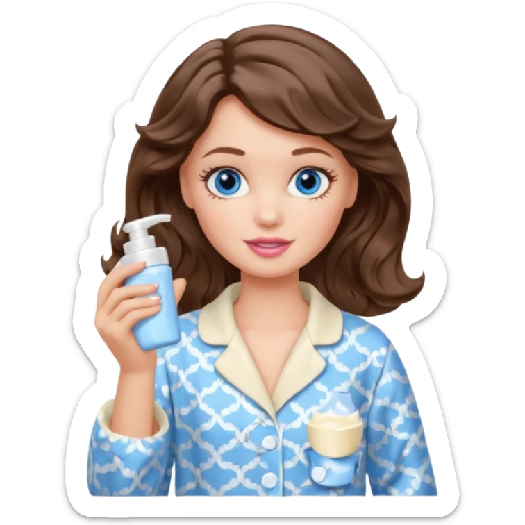 Barbie girl with makeup, blue eyes , and bob long haircut wavy, short brown hair in creamy color pajamas, face cream in hand sticker