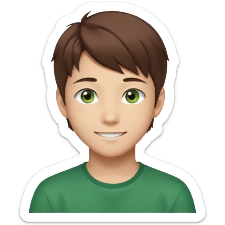 Discord emoji. the face of an Anime asian style teen boy with brown hair, green eyes, looking smiling slightly sideways positioned. Face must be main filling of the frame.  128px sticker
