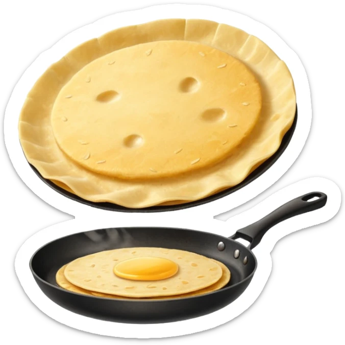golden round tortilla mbeju flipping slightly in the air over a frying pan sticker