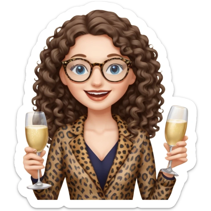 a blue eyed woman with very long brunette curly hair, full lips,and really pale skin. She is wearing a leopard printed thin round-ish glasses . She is wearing fully brown clothes. She is celebration sth with a bottle of champagne and laughing sticker