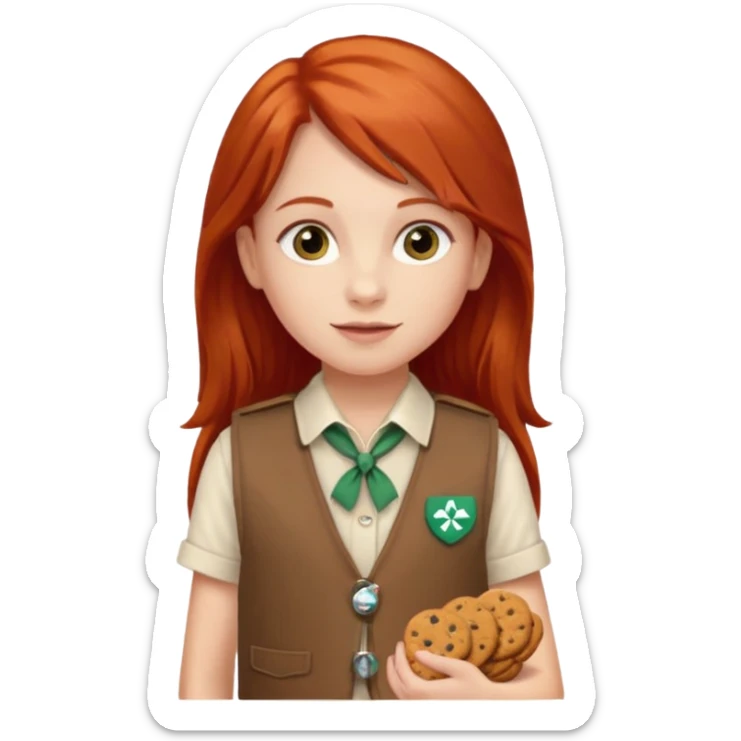 white girl scout with red long hair selling cookies with a brown Girl Scout vest and white shirt under vest. She should be around 10 years old sticker