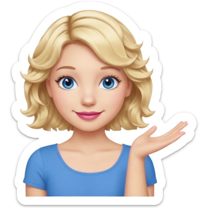 Girl Blonde short wavy hair,  blue eyes, cute blue top, long lashes, pink lips, smiling, one hand 🤷🏼‍♀️  sticker