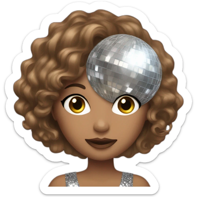 female with brown wavy hair dressed in a glitter dress and makeup, with disco ball sticker