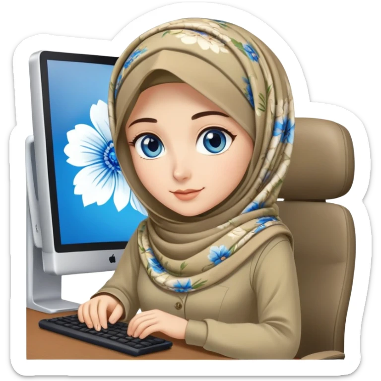 Turkish beautiful finish Konya girl blue eyes and khaki floral hijab and dress and she work on office with computer sticker