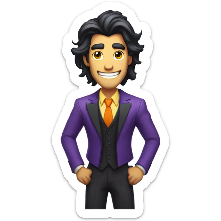 A thin, tall man with gray skin, long black hair, the man has a purple suit vest and an orange shirt, he has a big smile with yellow teeth in the style of the Hazbin Hotel. sticker