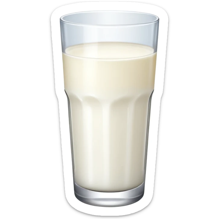 the drink is only milk white, The bottom and mouth of the glass are the same width and thin a toll, There is only white liquid inside, photo realistic, like a third from left sticker