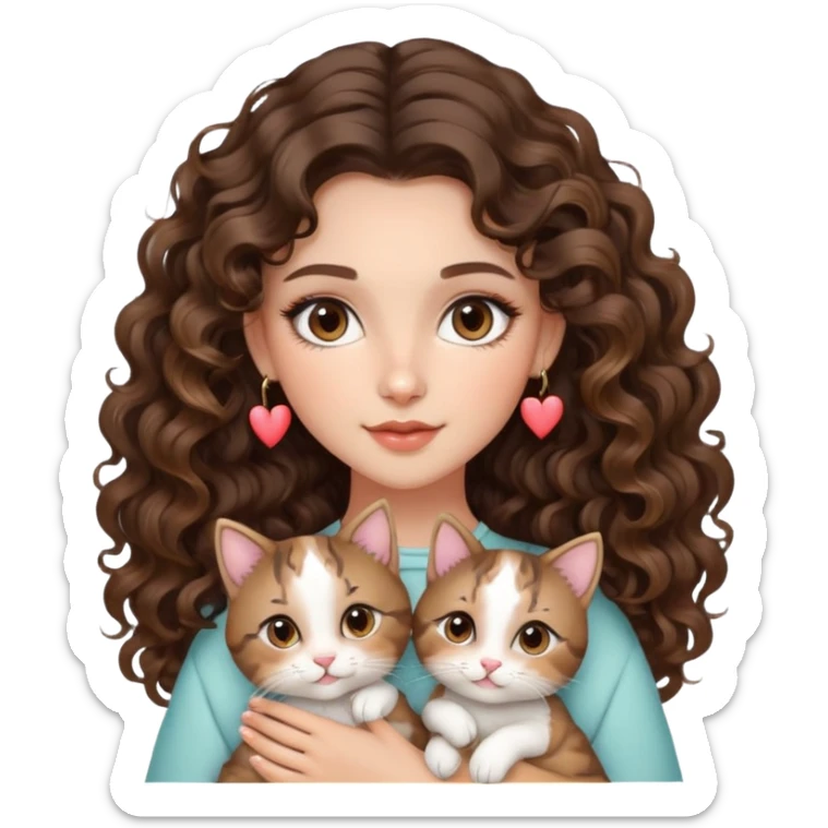cute girl long brunette balayage curly/wavy not voluminous hair, brown eyes, hoop earrings, natural pretty clean makeup: heart eyes while holding kitties sticker