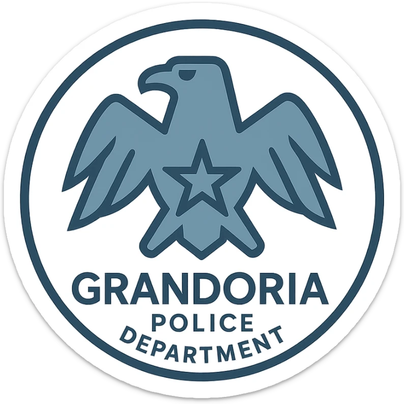 minimalist modern police logo in a circle for GRANDORİA POLİCE DEPARTMENT, stylized eagle or star, blue-gray color scheme, crisp sans-serif font, uncluttered and official sticker