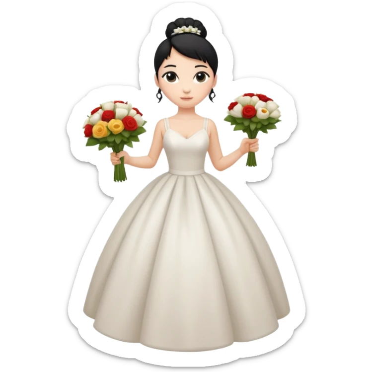 Chica blanca,cuerpo entero, vestido boda tirantes , pelo negro,   1 ramo de flores , pelo recogido en moño alto sticker