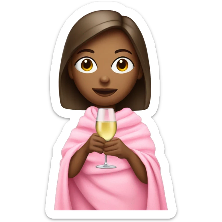 a girl with brunette hair and a glass of white wine wrapped in a pink blanket sticker