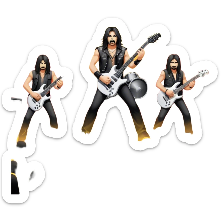 Icon for Heavy Metal: a metal band on stage, with electric guitars, drums, and a powerful vocalist. The atmosphere is intense with flashing lights, music notes, and a crowd of fans. The design should capture the energy and power of a live heavy metal performance. Transparent background. sticker