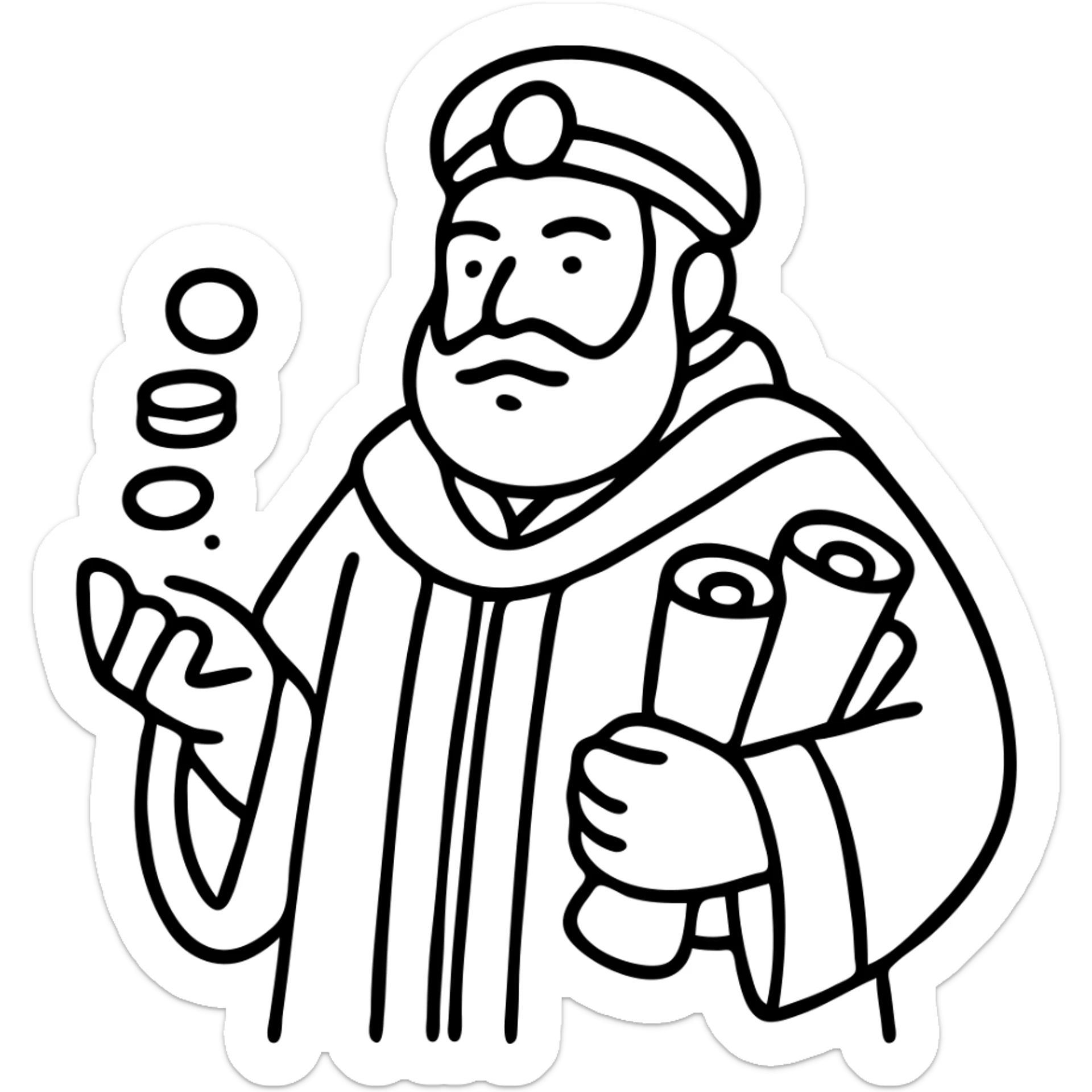 Wealthy fantasy merchant lord in red robes counting gold coins. DnD style character with scrolls of business contracts. sticker