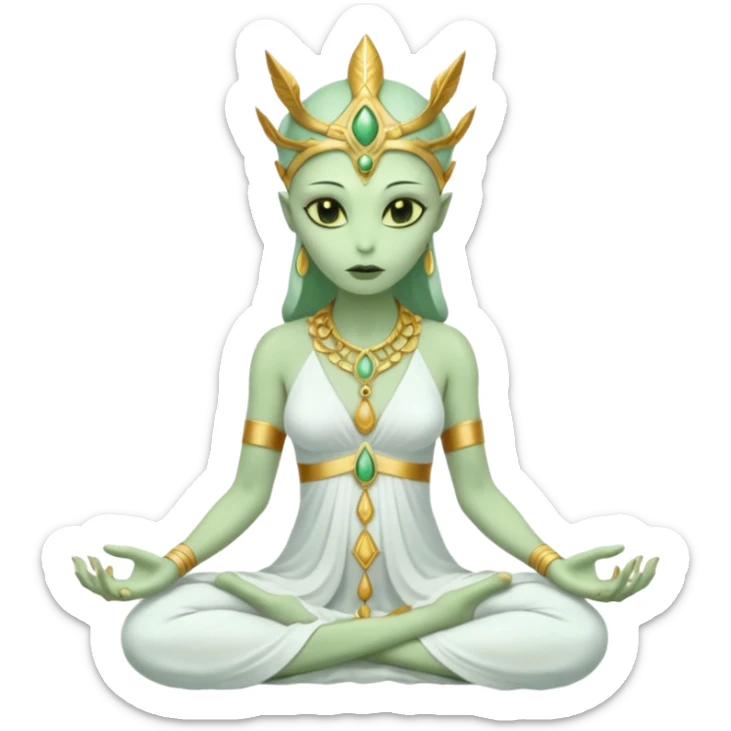 a Reptilian alien woman,in meditation, white dress like a priestess sticker