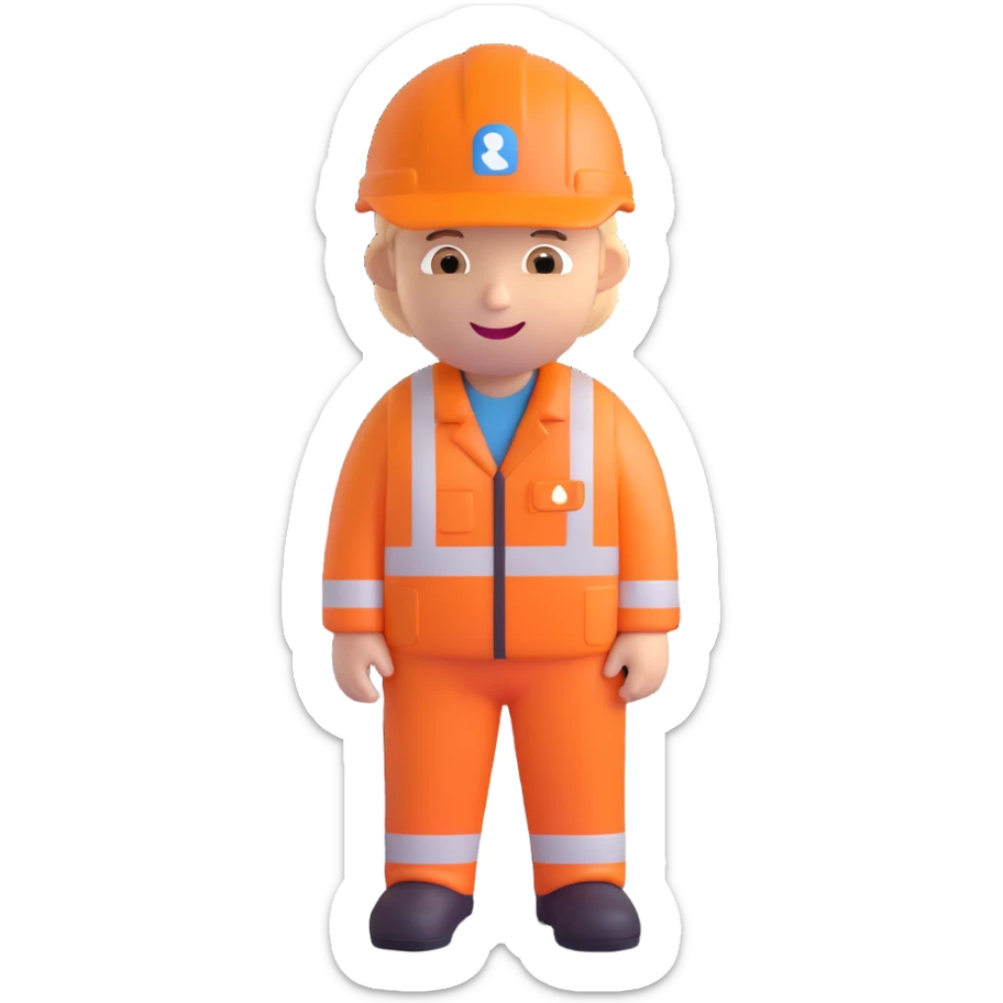 Keith Morey as a cheerful Network Rail employee emoji, in orange safety gear and helmet, standing on a railway track background sticker