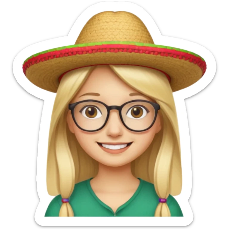 blonde girl with straight hair and glasses with a Mexican hat  sticker