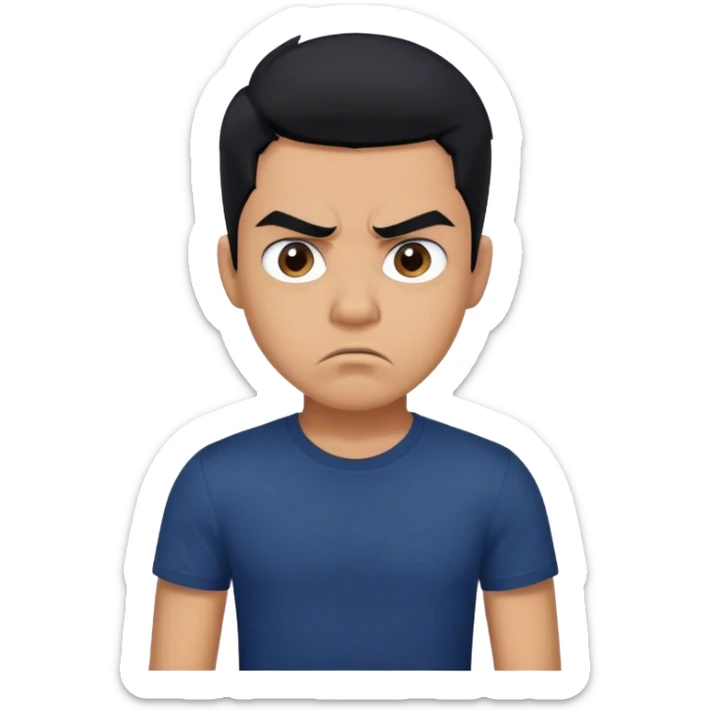 Young Latino man, black hair, wearing navy blue t-shirt, a little angry sticker