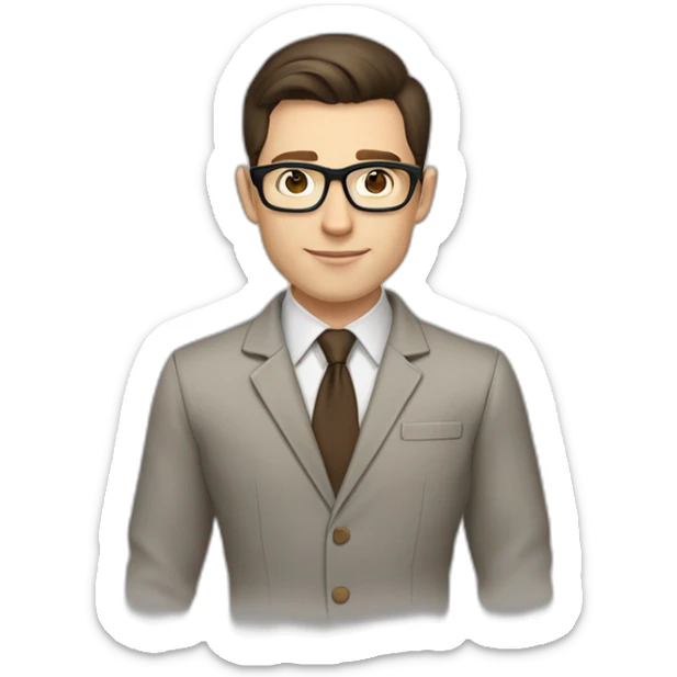 Pale skinned fit man with dark brown hair in gray jacket, beige office shirt, brown tie, brown pants and vintage glasses Writing on the tablet sticker