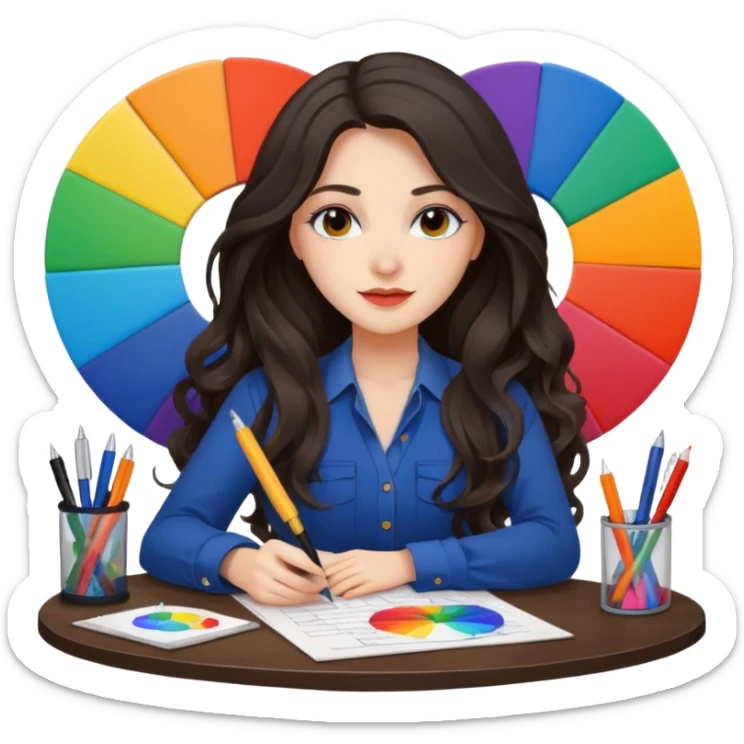 female dark wavy long hair graphic designer , big color wheel behind , pens, papers, desktop sticker