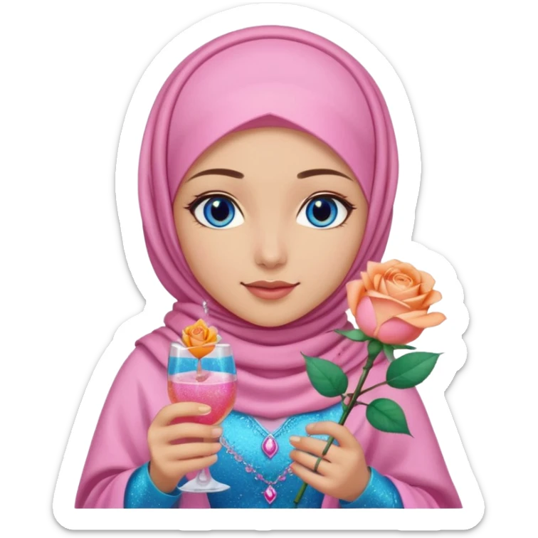 Turkish beautiful finish Konya girl blue eyes with  pink hijab islamic dress and had on her hand Glittery rose mocktail with orange light pink roses sticker