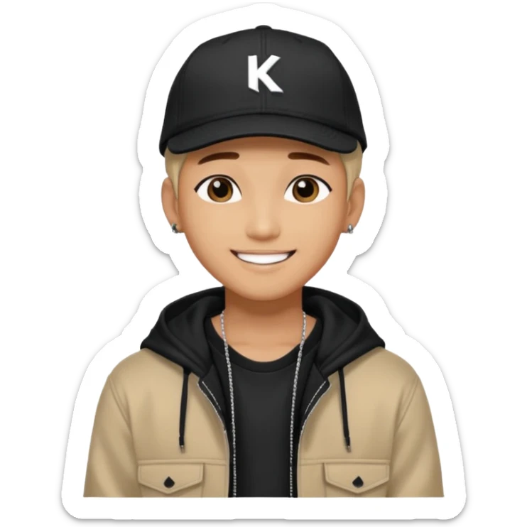 Portrait of a male K-pop idol, wearing a stylish streetwear outfit with layered clothing, makeup, wearing a black cap, happy sticker