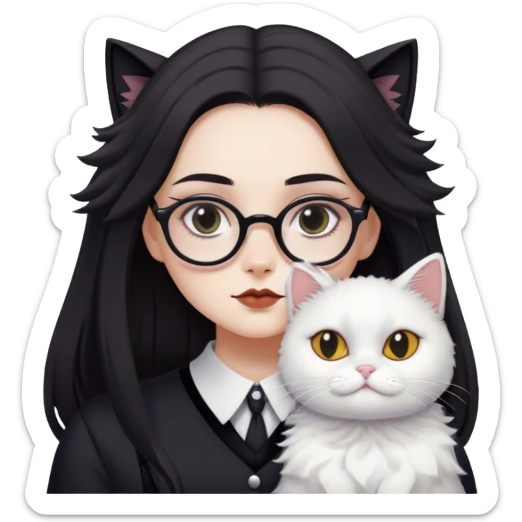 A girl ressembles Wednesday Addams with long loosed dark hair , squared glasses and a white fluffy cat is lying on her left shoulder and neck sticker