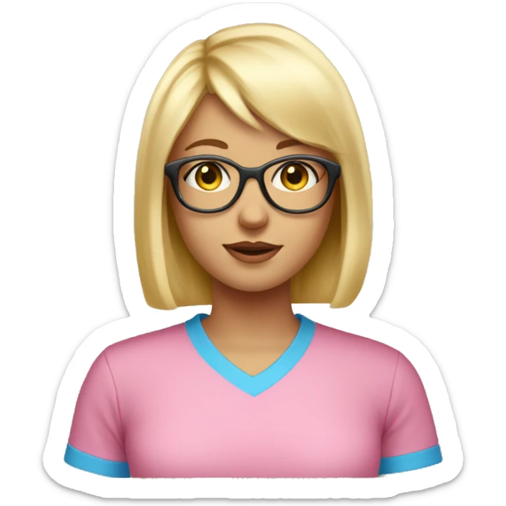 Blond girl, short hair, bangs, blue eyes, pink t shirt, golden glasses sticker