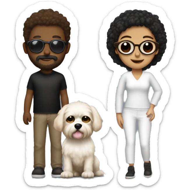 3 personas, 1 hombre blanco rapado con barba marron no muy grande, chica pelo oscuro con gafas piel blanca y un perro raza yorkshie muy peludo negro cabeza y patas marron sticker