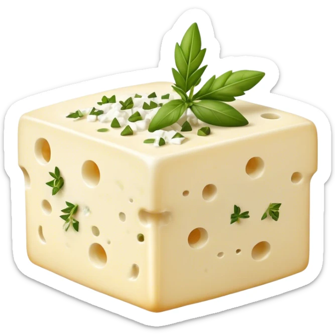 Cinematic Realistic Feta Cheese Dish Emoji, depicted as a block of crumbly, tangy cheese garnished with olive oil and herbs rendered with lifelike detail and soft natural lighting. sticker