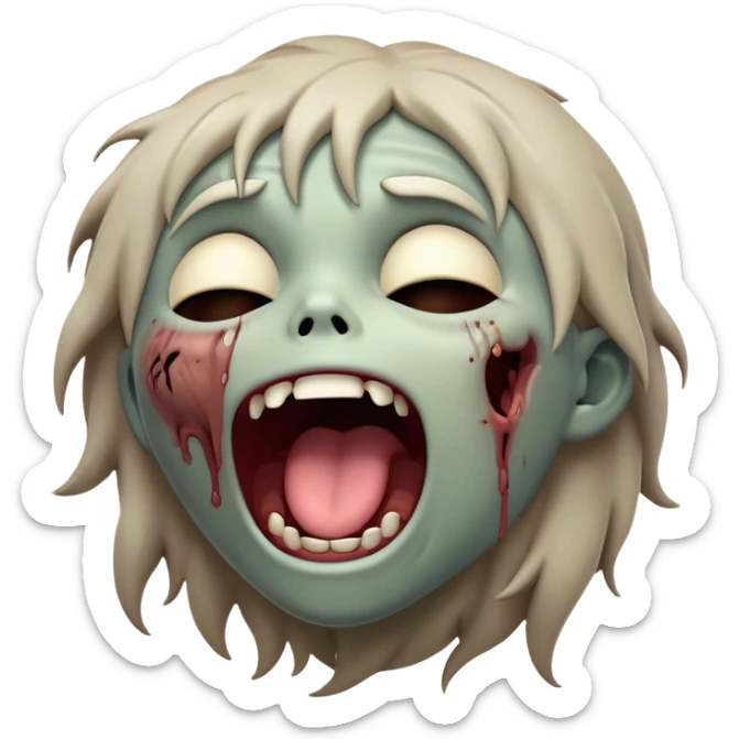 Cinematic Cute Yawning Zombie Portrait Emoji, with a delightfully quirky, slightly disheveled face in muted ashen tones, head tilted back in a big, funny yawn that reveals quirky stitches and playful gaps, simplified yet irresistibly charming, highly detailed with a soft, eerie glowing outline capturing the sleepy, offbeat vibe of a zombie taking a nap! sticker
