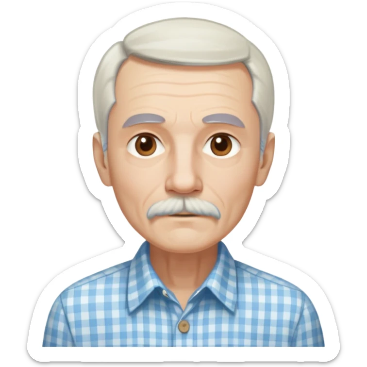 Skinny man in his 70s with fair skin. Long narrow face. Gentle light brown eyes. Fine straight white hair with light bangs touching eyebrows. Thin eyebrows. White goatee connected to mustache. Slender appearance. Wearing a light blue and beige checkered button-up shirt. sticker
