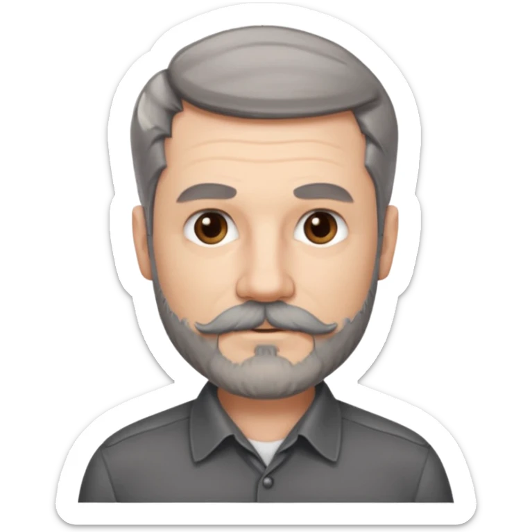 50 yr old white man, pale skin, dark grey hair with some brown highlights, side swept part, groomed moustache and beard sticker