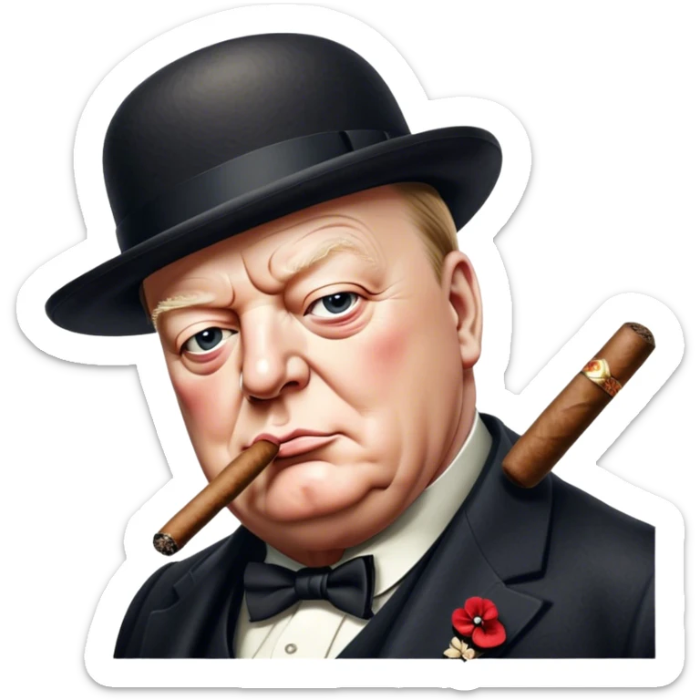 Cinematic Realistic Winston Churchill Portrait Emoji, depicted as a resolute British statesman with a signature bowler hat and a cigar, exuding determined leadership and wartime valor, rendered with lifelike textures and dramatic vintage lighting that captures his iconic British spirit. sticker