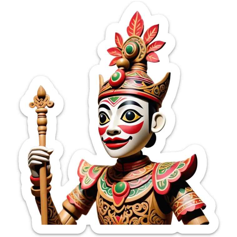 Golek Ayun-ayun – Cinematic Realistic Wayang Golek Ayun-ayun, depicted as an intricately carved traditional wooden puppet with vibrant painted details and expressive features, set on a dimly lit stage with dramatic shadows that evoke centuries of Indonesian theatrical heritage, rendered with lifelike textures and subtle ambient glow. sticker