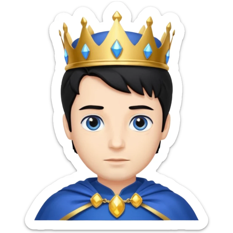 Prince with crown, blue cape and trousers, body and legs, black hair, blue eyes,  sticker