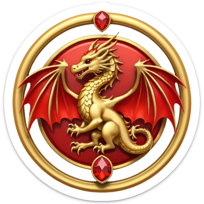 Golden dragon with wings crest / brosch in a circle with red gems and no background sticker