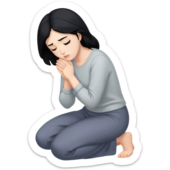 Woman with fair skin and black hair kneeling asking for forgiveness sticker