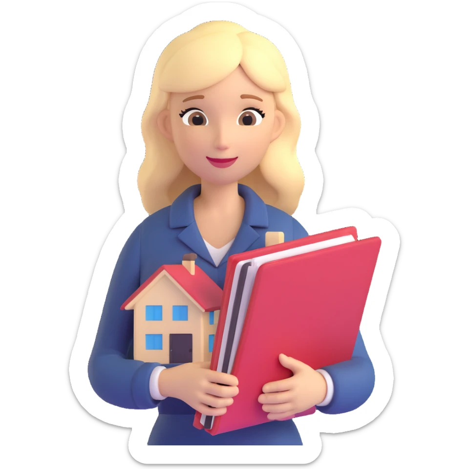 3D emoji style, blonde woman around 40 years old, real estate broker, holding a house file sticker