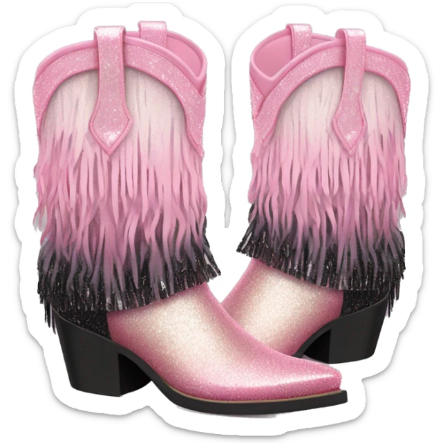 Realistic pastel pink to black ombre pair of fashion cowgirl boots with sparkly shiny glitter fringe on them. sticker