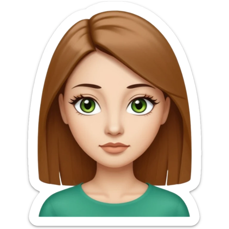 Adult woman avatar, light skin tone, oval face, long straight brown hair, green almond-shaped eyes with dramatic eyelashes and minimal eyeliner, neutral mouth, medium straight eyebrows, small nose, smooth skin sticker