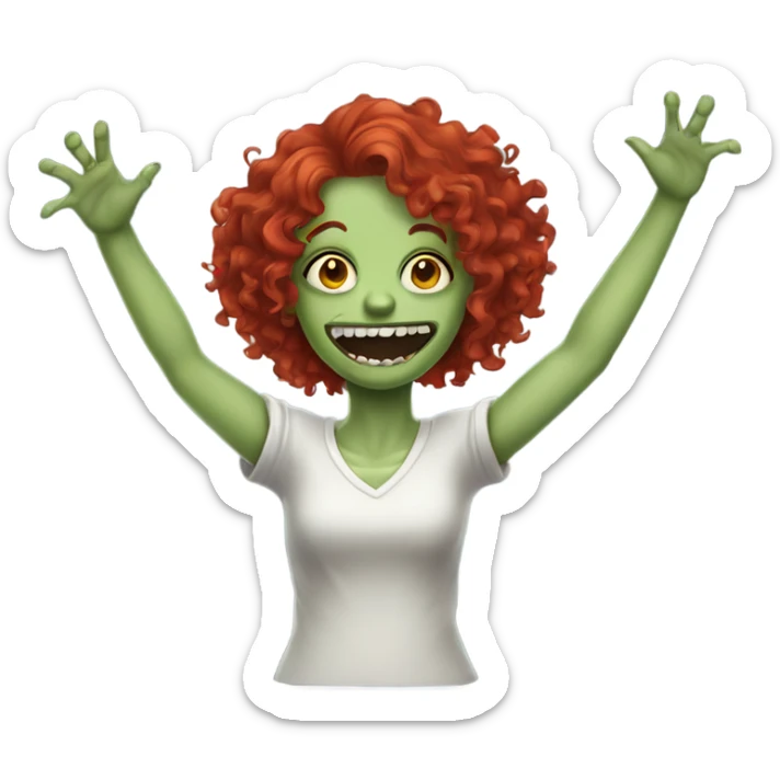 Happy zombie girl red curly hair with both hands in the air sticker