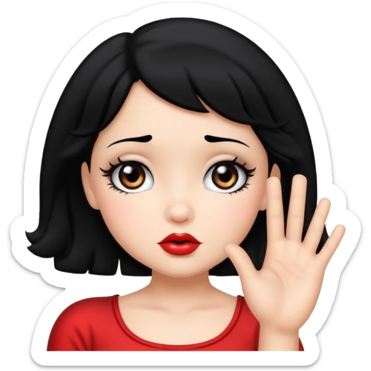 Do not change the face I already created, I want her with Betty boop face and black hair saying stop with her hand sticker