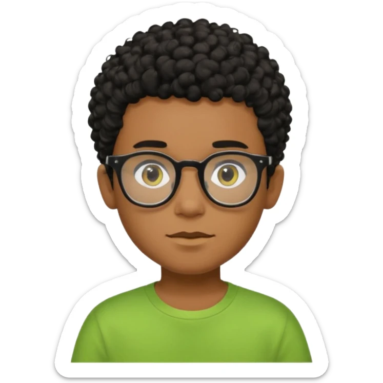 Menino pardo com cabelo curto cacheado preto raspado dos lados, de óculos preto quadrado e blusa verde e amarela sticker