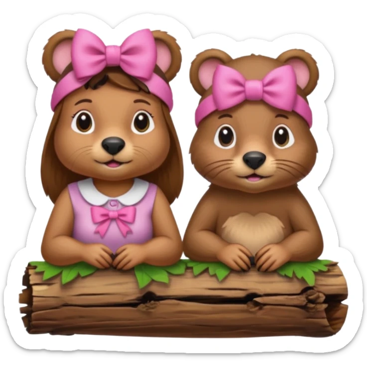 a girl beaver and a boy beaver on a log. give the girl beaver eyelashes and a bow on top of her head sticker