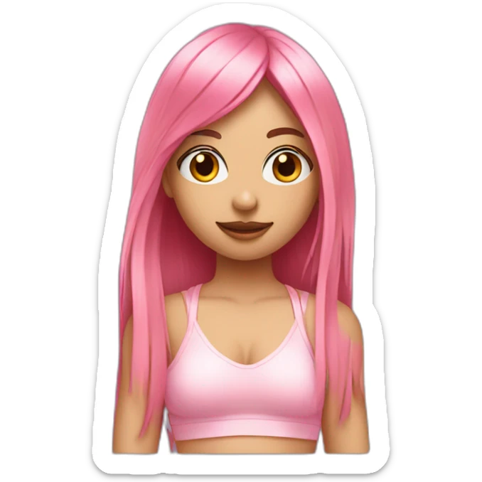 girl with long, straight rose hair and fringe and holding camera and wearing pink bralette sticker