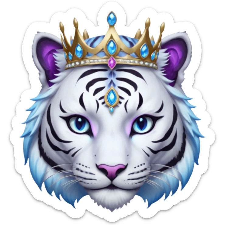 ESO Female white/black tiger khajiit leader of the umbral rose, glowing blue eyes, glowing blue 'third eye' gem; silver crown/tiara with purple gems  sticker