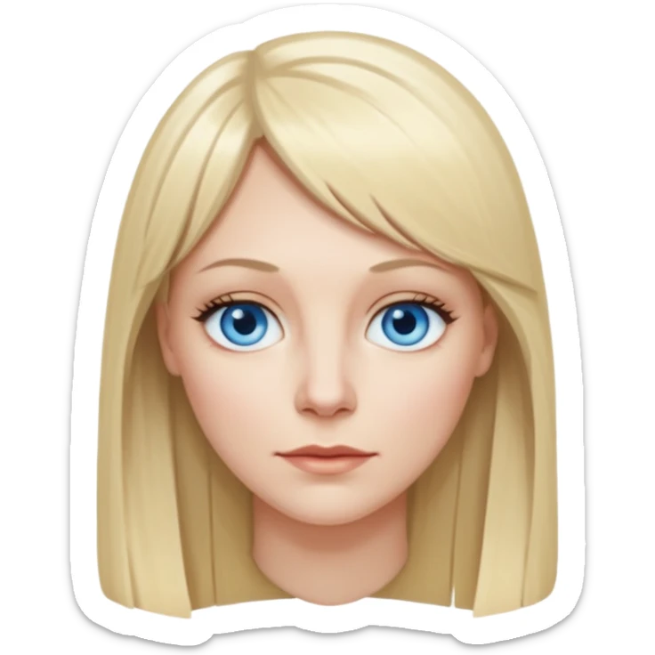 40 yr old white woman, pale skin, long straight blond hair parted in center, blue eyes, bangs sticker
